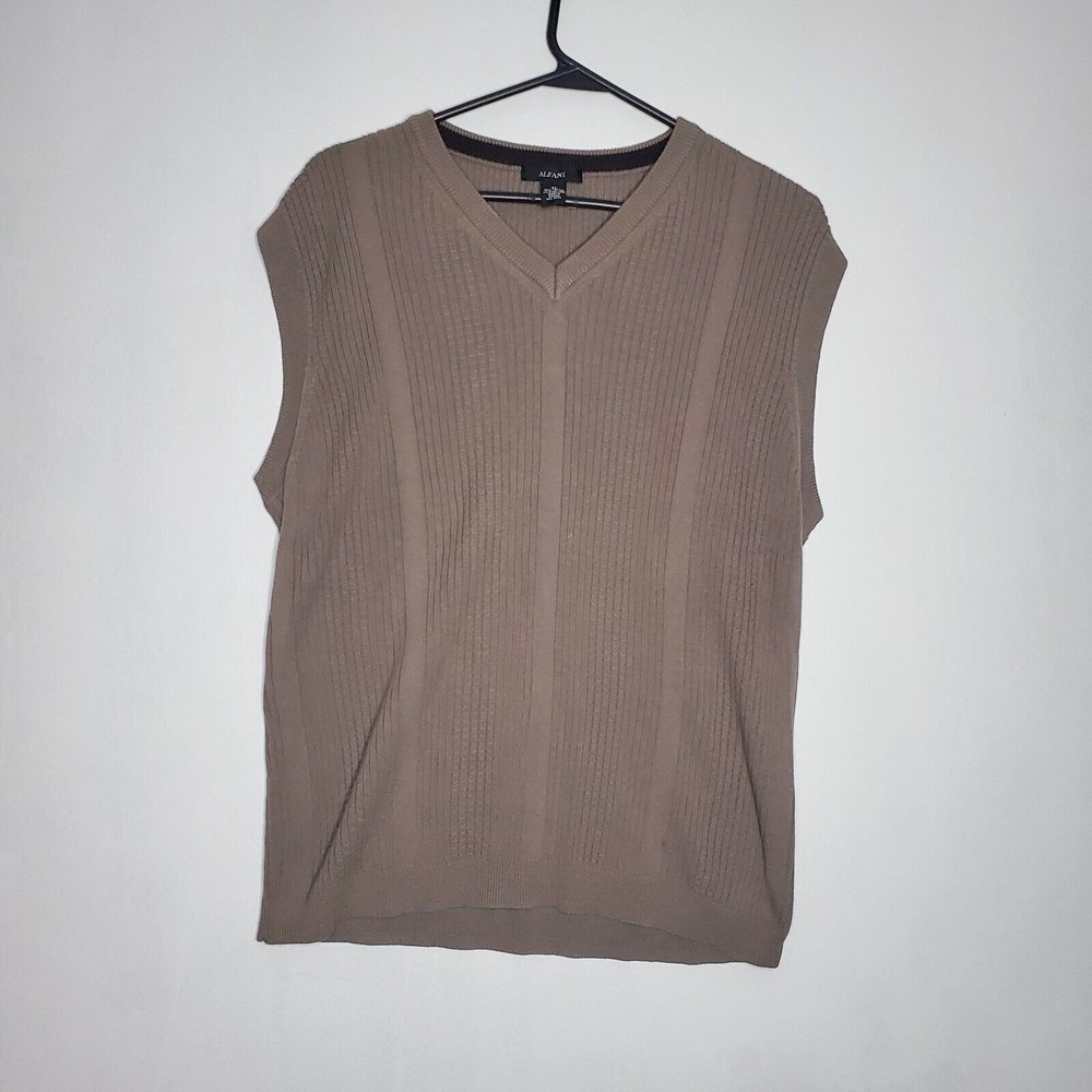 Vintage Alfani Sweater Vest Sleeveless  V Neck Pullover Knit Cotton L Beige